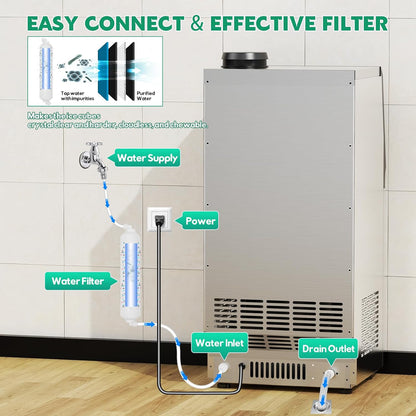 Commercial Ice Maker Machine 130Lbs/24H, 30Lbs Storage, 2 Water Inlet Modes | 45Pcs Clear Ice Cubes Ready in 8-15Mins, Stainless Steel, Supports 3/5-Gallon Bottle, Fast Ice Making Anto-Clean