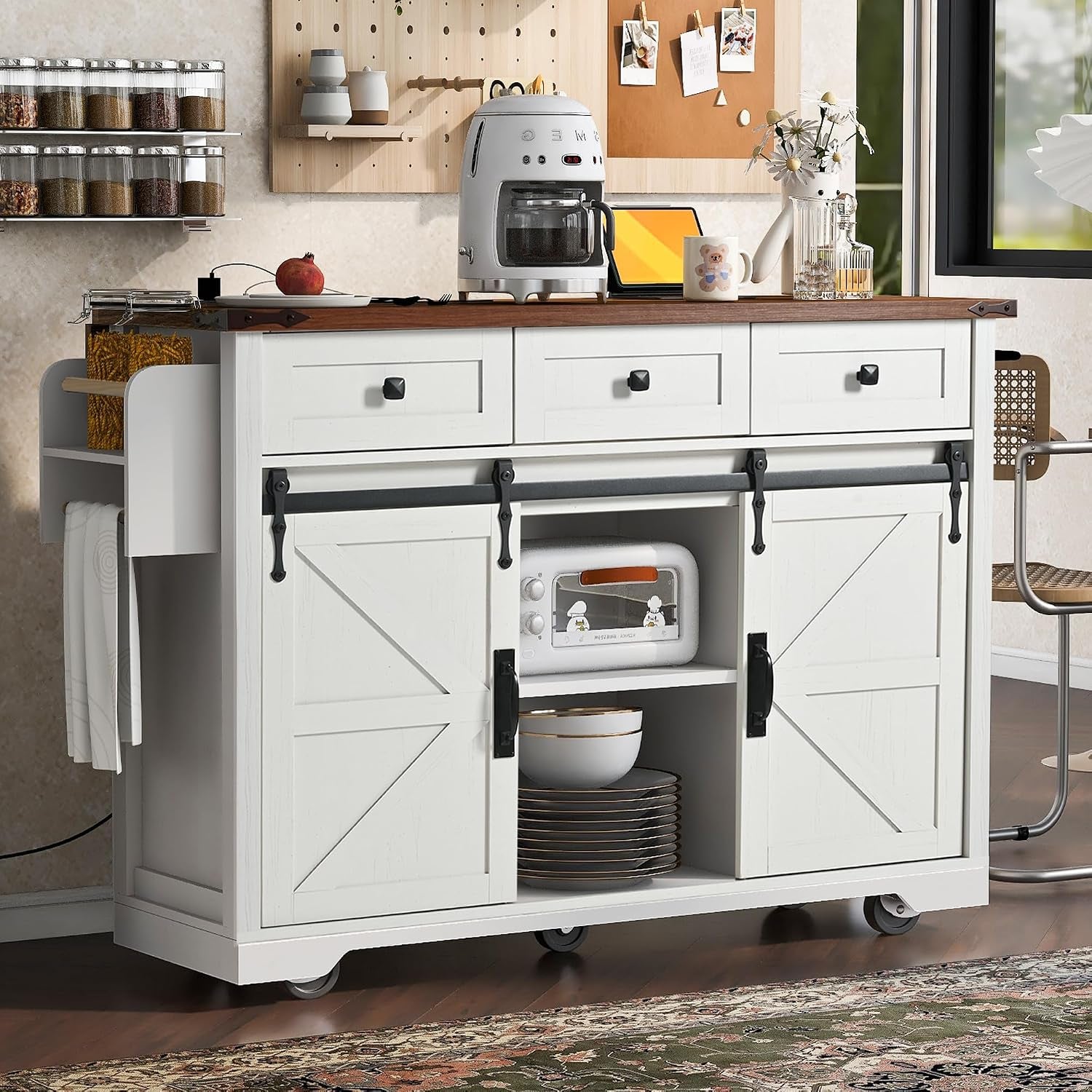53.7" Farmhouse Kitchen Island Cart with Charging Station, Rolling Kitchen Island Table with Drop-Leaf, 3 Drawers, Barn Doors, Large, White