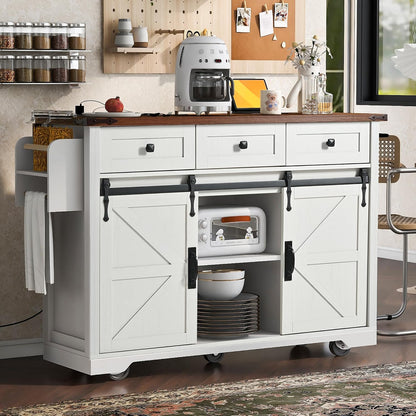 53.7" Farmhouse Kitchen Island Cart with Charging Station, Rolling Kitchen Island Table with Drop-Leaf, 3 Drawers, Barn Doors, Large, White