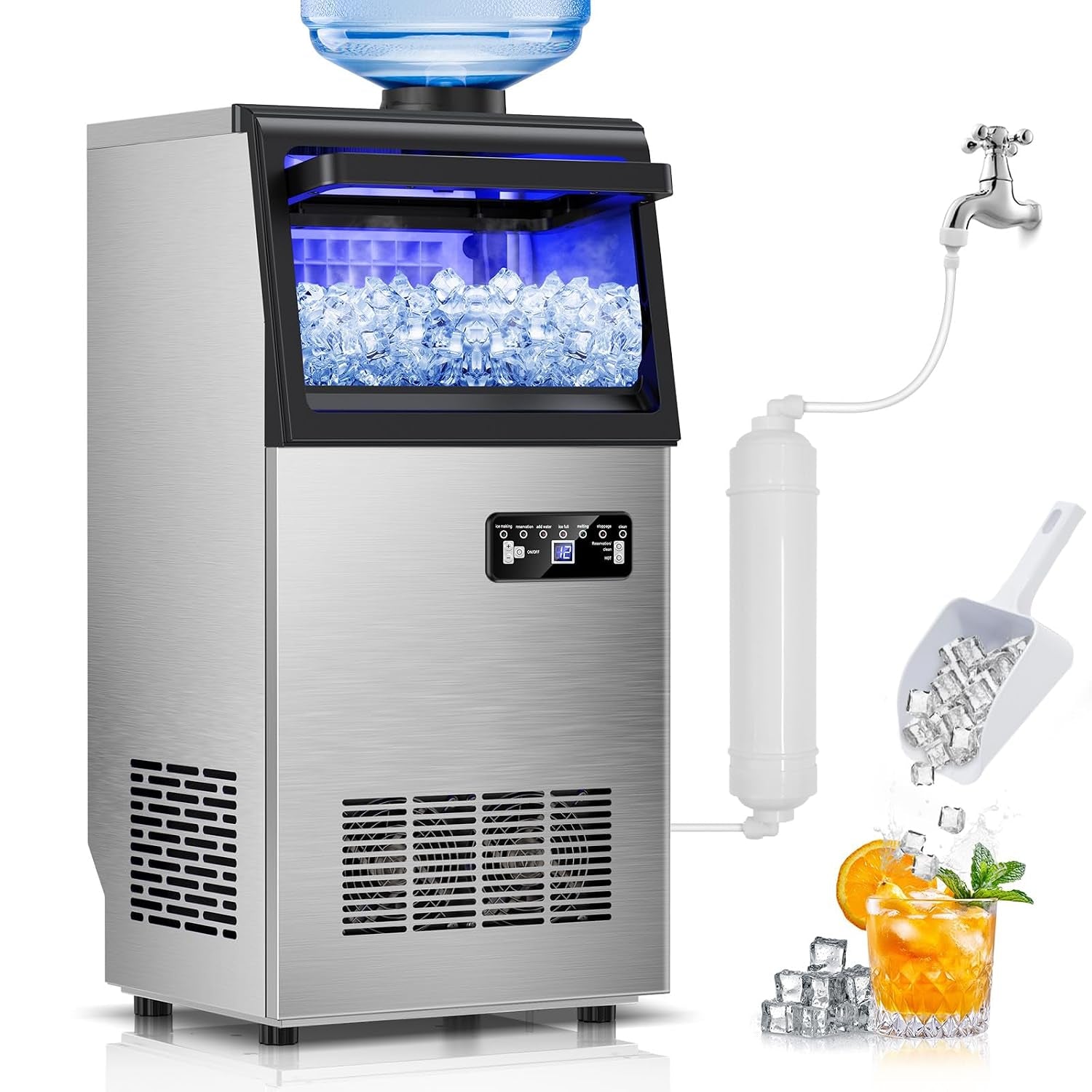 Commercial Ice Maker Machine 130Lbs/24H, 30Lbs Storage, 2 Water Inlet Modes | 45Pcs Clear Ice Cubes Ready in 8-15Mins, Stainless Steel, Supports 3/5-Gallon Bottle, Fast Ice Making Anto-Clean
