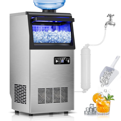 Commercial Ice Maker Machine 130Lbs/24H, 30Lbs Storage, 2 Water Inlet Modes | 45Pcs Clear Ice Cubes Ready in 8-15Mins, Stainless Steel, Supports 3/5-Gallon Bottle, Fast Ice Making Anto-Clean